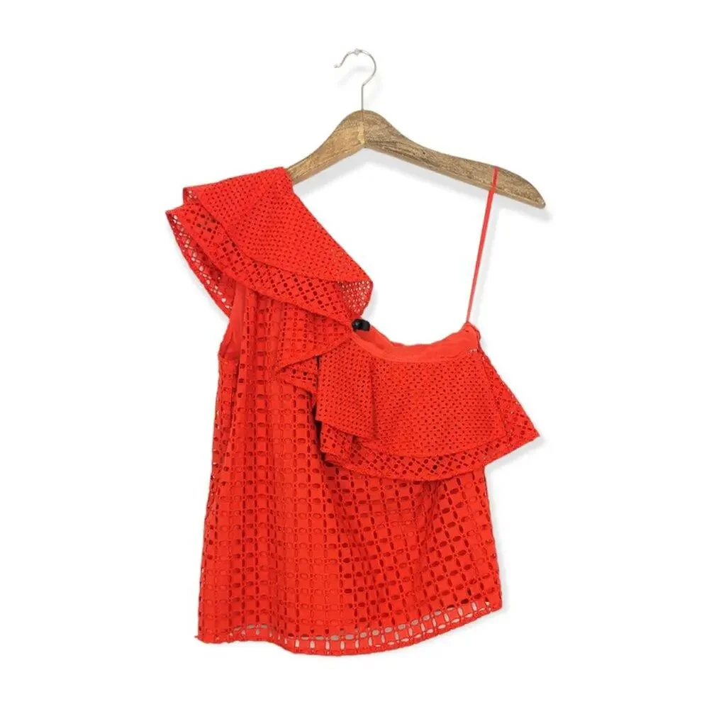 NWT J. Crew Fiery Sunset One Shoulder Eyelet Ruffle Top